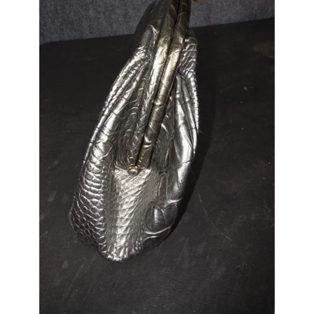 Nicole‎ Miller Silver Crocodile Embossed Frame Clutch Bag Metallic Pewter Office